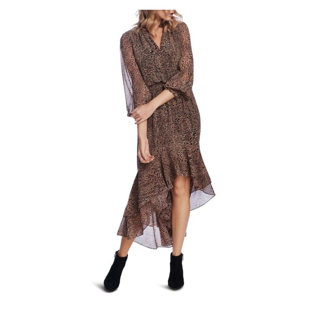1. STATE Womens Hi-Lo Midi Dress Ruffled 3/4 Sleeve V Neck Evening Smock Waist - Picture 3 of 4